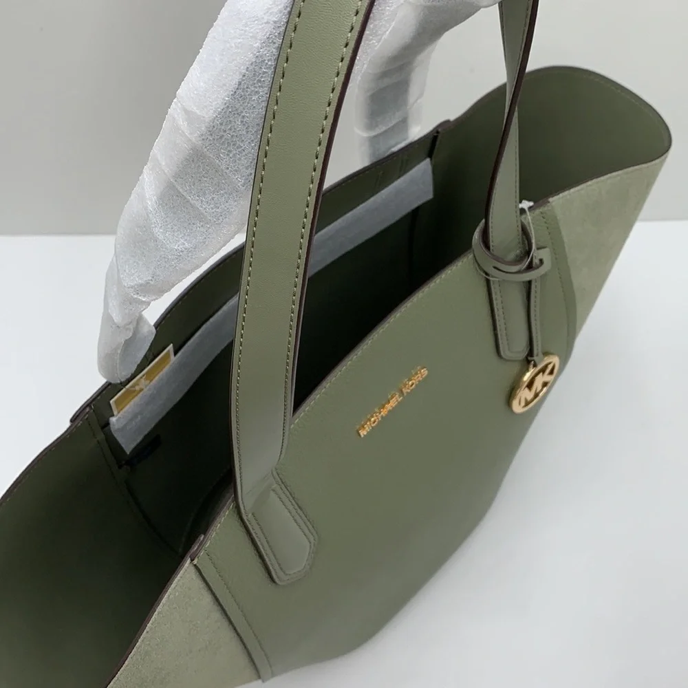 MICHAEL KORS PORTIA LARGE TOTE ARMY GREEN COLOR Pebbled leather/ suede